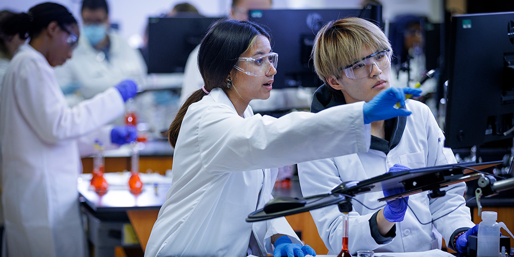 A person in a white coat explaining something to a student in a chemistry lab