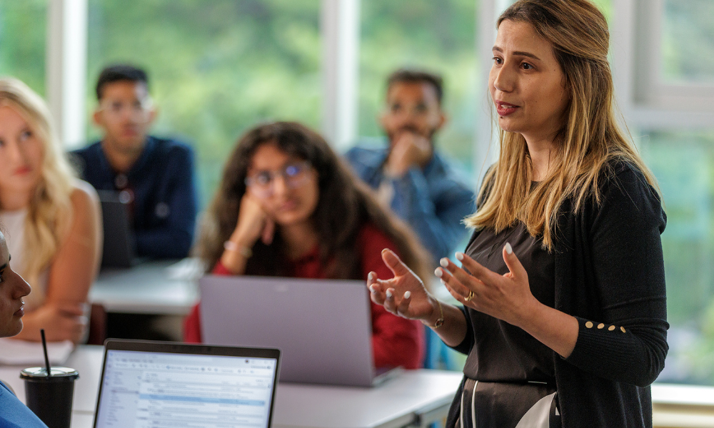 A prof speaks to a class