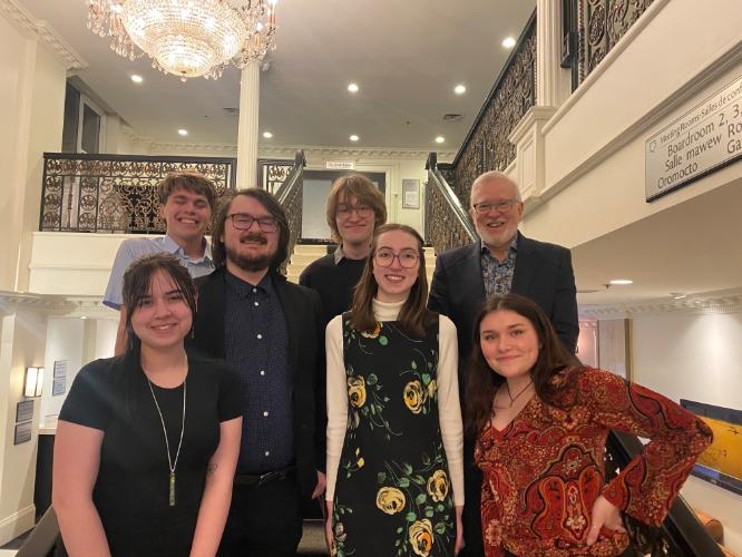 A picture of SMU students that attended the 2025 Annual Atlantic Undergraduate Conference in Fredericton, NB. Top Row, L to R: Jacob Butler, Andrew Stillwell, Dr. David Heckerl (Faculty Rep & Chauffeur) Bottom Row, L to R:  Nicole Edwards, Ryan Ash, Annastatia Brooks, Callie Lloyd