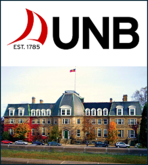 A photo of the main academic building at UNB with their logo